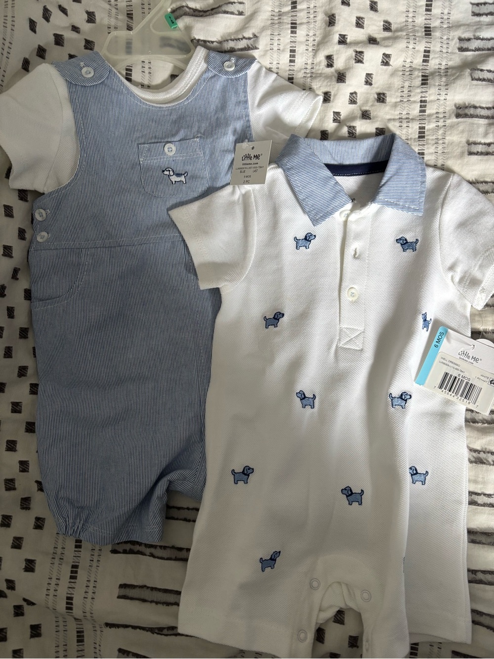 Little Me White & Light Blue Baby Polo Romper and Pinstripe Overall Set